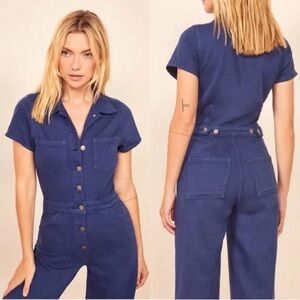 Reformation Navy Button-Up Jumpsuit